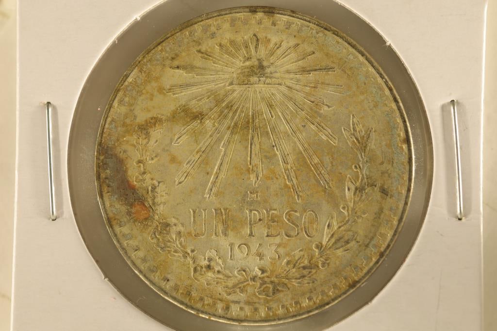 1943-M MEXCIO "CAP & RAY" SILVER PESO .3857 OZ.ASW: WATCH FOR OUR NEXT AUCTION ON (MONDAY MAY 6TH, 2024) AT 7PM EASTERN TIME. THANKS FOR YOUR BUSINESS.
