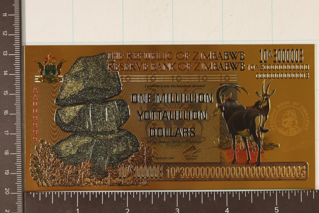 24 KT GOLD FOIL ZIMBABWE 1 MILLION YOTTALILLION: DOLLAR CRISP UNC BILL WITH COLOR.