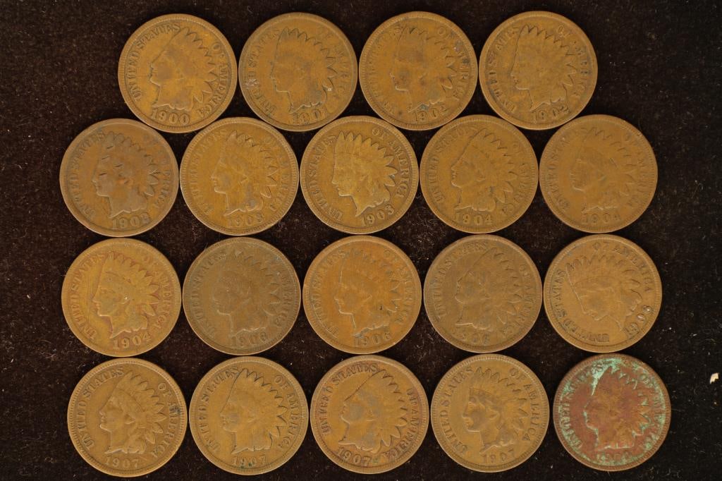 19 ASSORTED INDIAN HEAD CENTS: 1900-1909 (1 of 2)