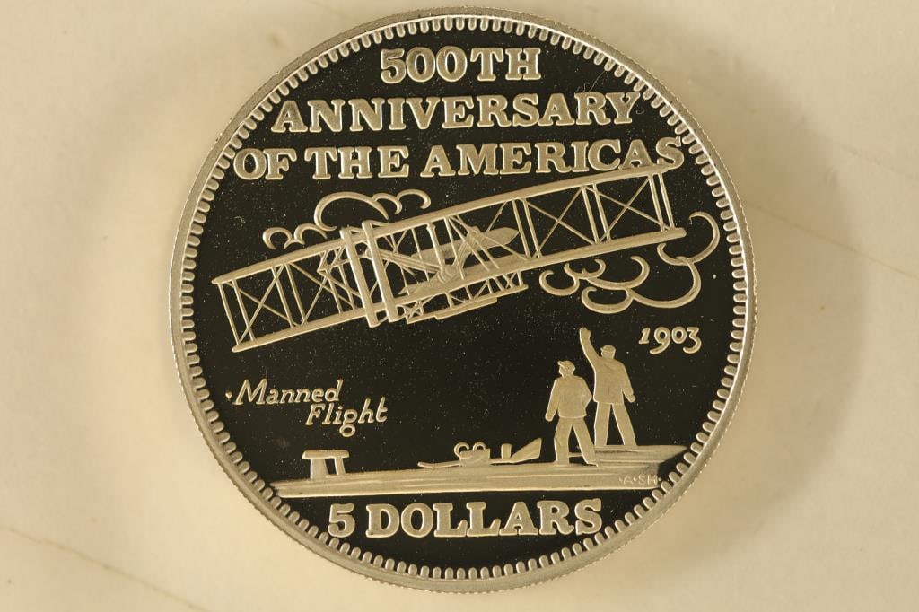 1992 BAHAMA SILVER PF 5 DOLLAR COIN "500TH (1 of 2)