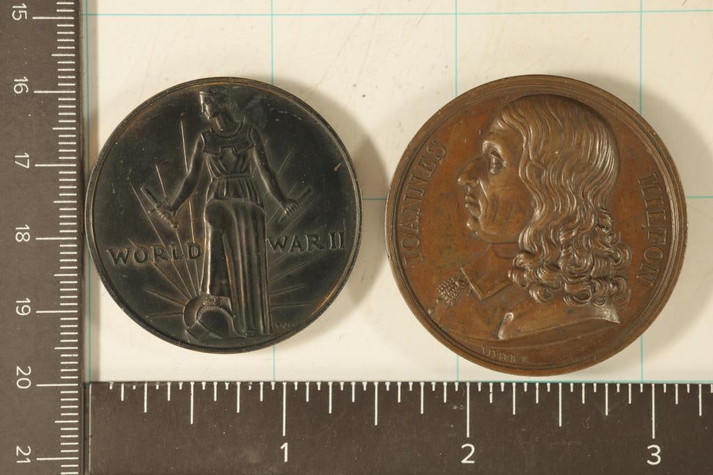 2 METAL 1 1/2" TOKENS: 1941-1945 WWII FREEDOM FROM: NEAR & FAR AND 1817 IOANNES HILTON IS VERY HIGH RELIEF