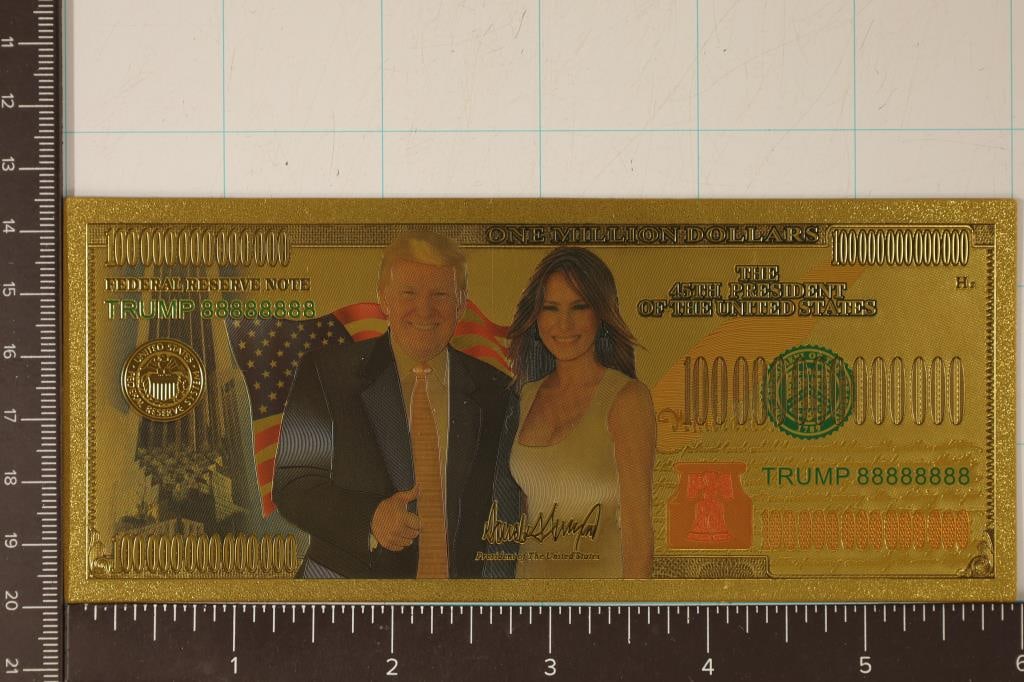 24KT GOLD FOIL "DONLAD TRUMP & MELANIA TRUMP": CRISP UNC ONE MILLION DOLLAR FRN FANTASY BILL
