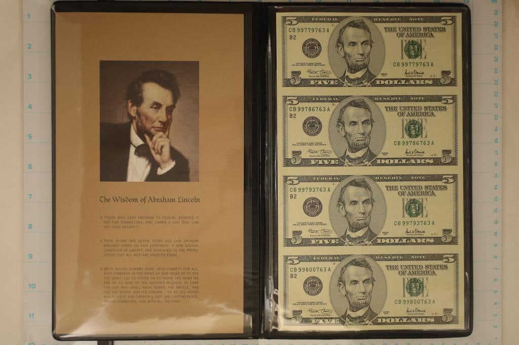 UNCUT SHEET OF 4-2001 US $5 FRN'S. CRISP UNC IN: BLACK FOLIO WITH CERT