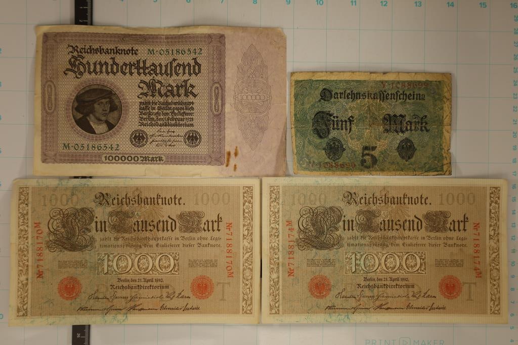 4 GERMAN BILLS: 1917-FIVE MARK, 2-1910 ONE (1 of 2)