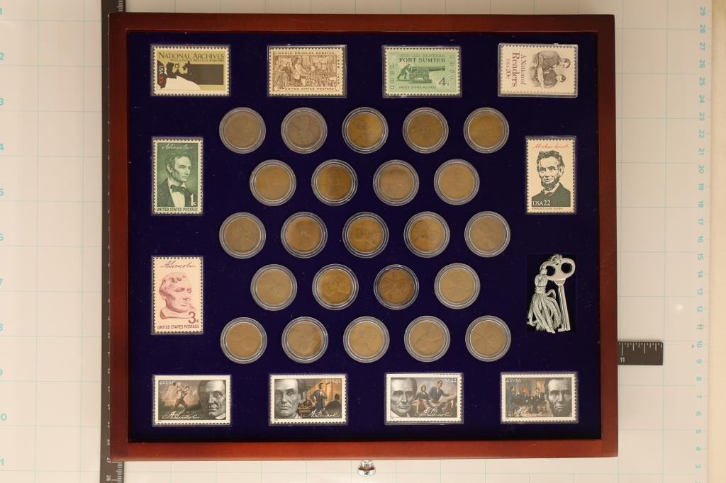 100 YEARS OF LINCOLN COINS 150TH ANNIVERSARY: EDITION HOUSED IN LARGE WOODEN 5 DRAWER CASE. CONTAINS 100 LINCOLN CENTS IN CIRCULATED TO BRILLIANT UNC CONDITION, 25 UNCANCELLED STAMPS AND LAST DRAWER CONTAINS INFO CARDS. THERE IS A KEY IN THE TOP 