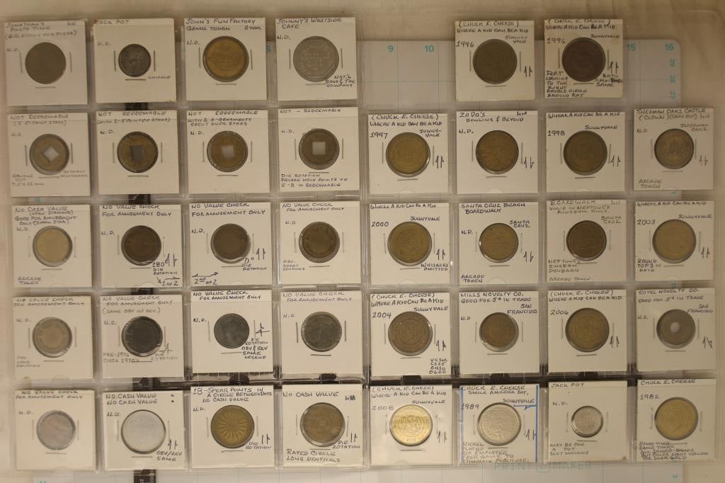 38 ASSORTED AMUSMENT TOKENS: CHUCK E. CHEESE,: SUNNYVALE, JOHN'S FUN FACTORY AND OTHERS