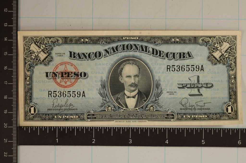 1960 CUBA 1 PESO BILL: WATCH FOR OUR NEXT AUCTION ON (MONDAY JUNE 10TH, 2024) AT 7PM EASTERN TIME. THANKS FOR YOUR BUSINESS.