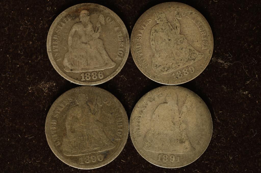 1886, 89, 90 & 1891 SILVER SEATED LIBERTY DIMES (1 of 2)
