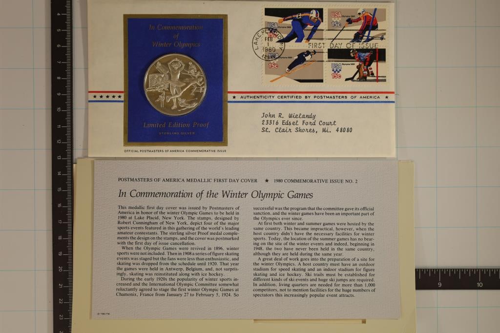 .8 OZ. STERLING SILVER PF ROUND IN FDC IN: COMMEMORATION OF WINTER OLYMPICS. POSTMASTERS OF AMERICA WITH INFO CARD BY THE FRANKLIN MINT