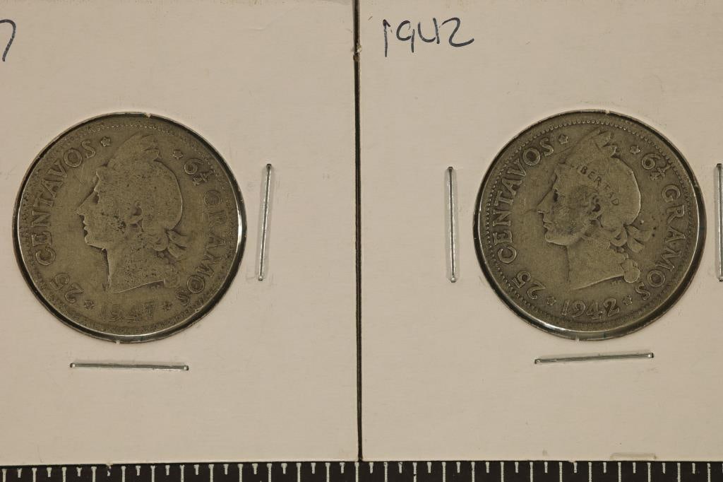 1942 & 1947 DOMINICAN REPUBLIC SILVER 25 CENTAVOS: .3616 OZ. ASW TOTAL (.1808 OZ. ASW EACH)