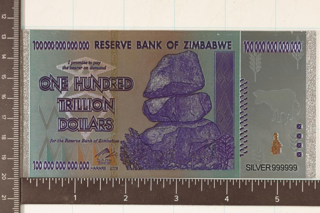2008 SILVER FOIL ZIMBABWE 100 TRILLION DOLLAR CU: COLORIZED BILL