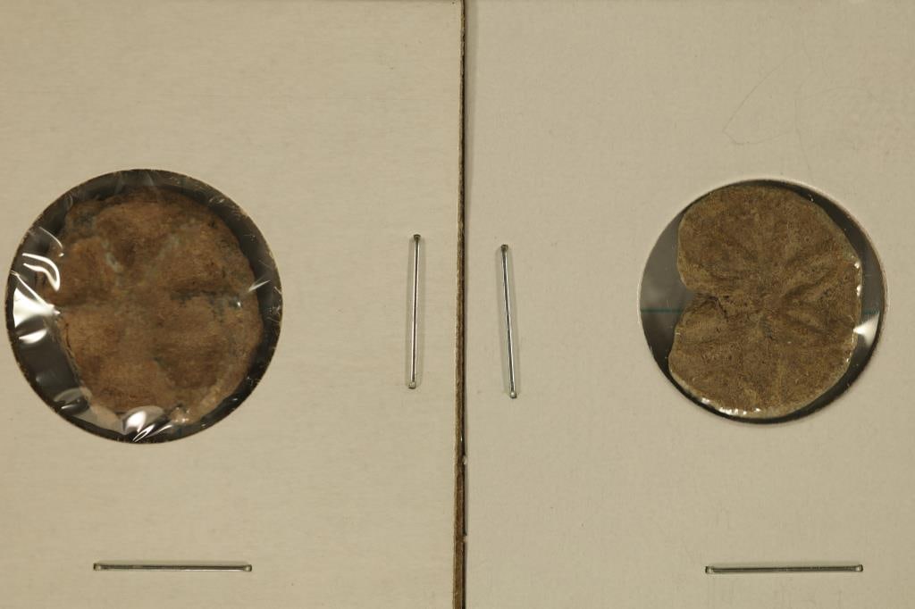 2 ANCIENT TO MEDIEVAL CLAY & LEAD MOLDED COIN: SIZED SEAL IMPRESSIONS, USED IN ANCIENT TIMES AS A FORM OF SIGNATURE