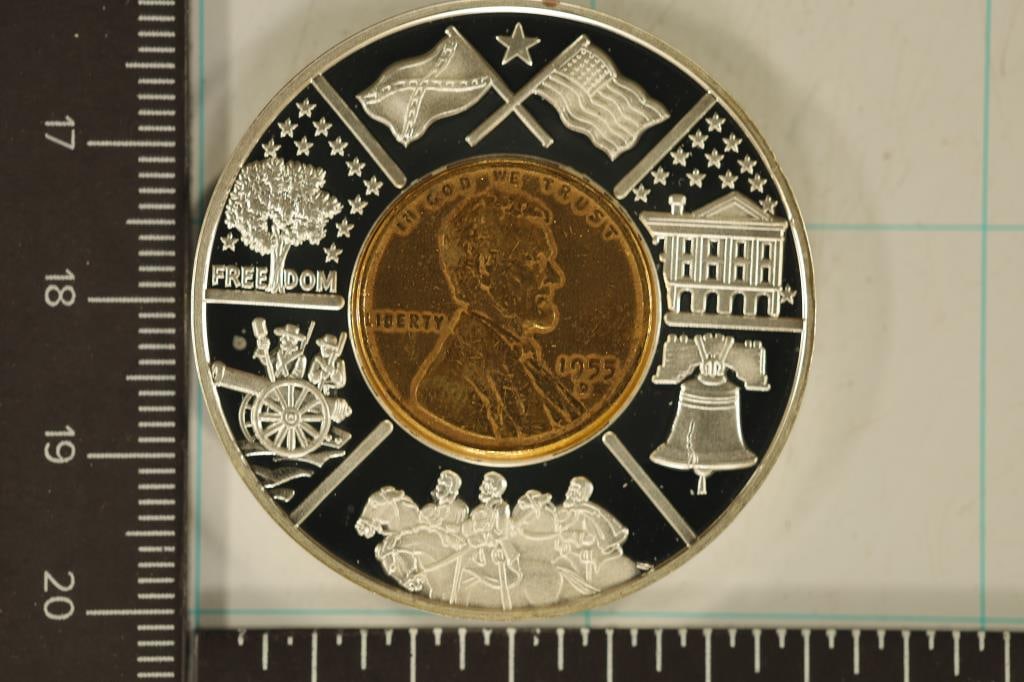 ENCASED 1955-D LINCOLN CENT IN SILVER PLATED PF (1 of 2)