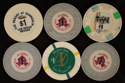 6-$1 PLASTIC CASINO GAMING TOKENS: 3-ALADDIN, 1-
