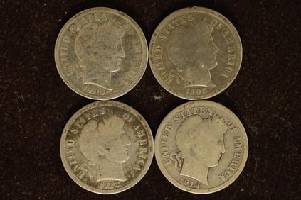 1906, 1908-D, 1912-S & 1914-D SILVER BARBER DIMES