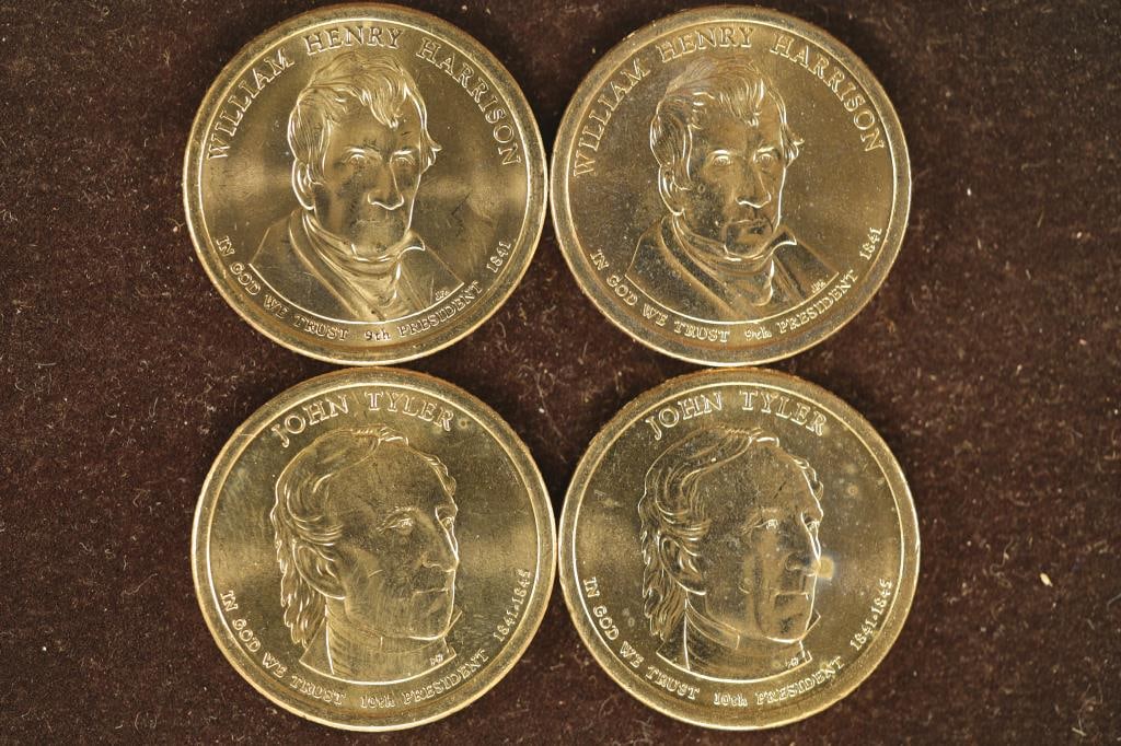 4 PRESIDENTIAL $1 BU COINS: 2009-P & D WILLIAM: HARRISON AND 2009-P & D JOHN TYLER