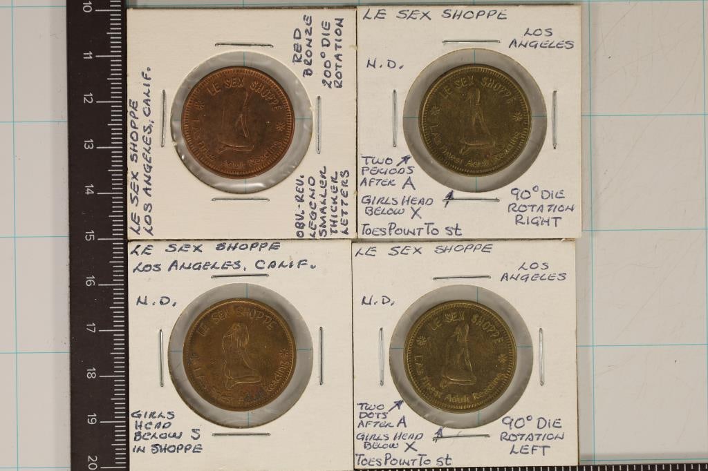 4 CALIFORNIA 1" LE SEX SHOPPE METAL TOKENS.: WATCH FOR OUR NEXT AUCTION ON (MONDAY JULY 1ST, 2024) AT 7PM EASTERN TIME. THANKS FOR YOUR BUSINESS.