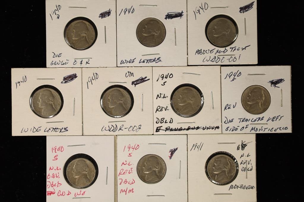 ERRORS-10 JEFFERSON NICKEL ERRORS: 9-1940 & 1-1941 (1 of 2)