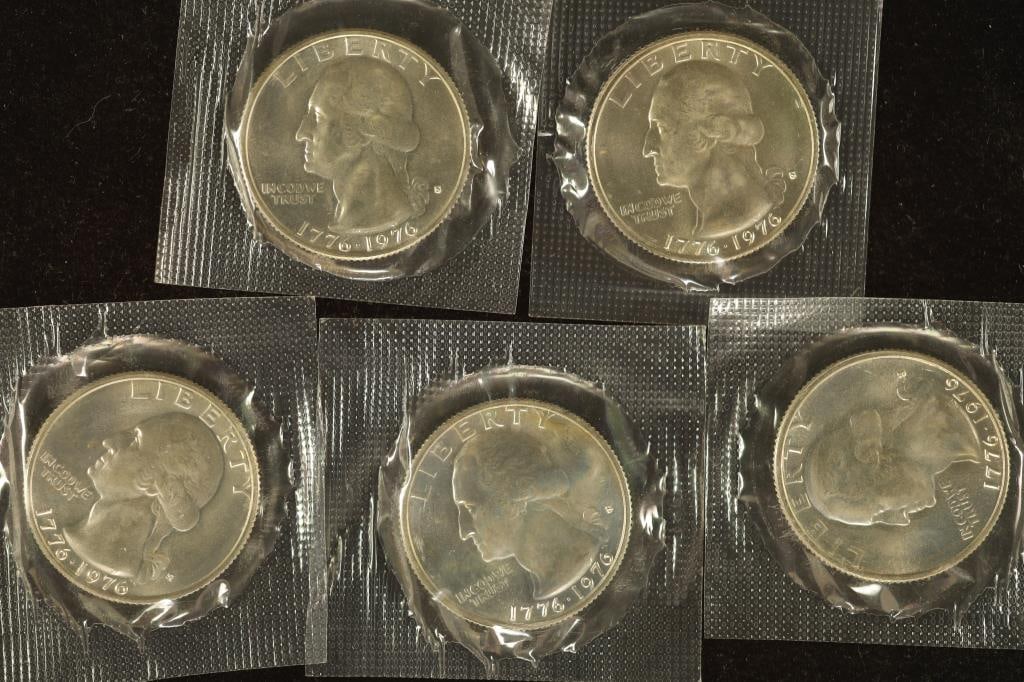 5-BICENTENNIAL 1776-1976 SILV. WASHINGTON QUARTERS: IN ORIGINAL PLASTIC. THESE ARE FROM THE 3 PIECE BICENTENNIAL SET.