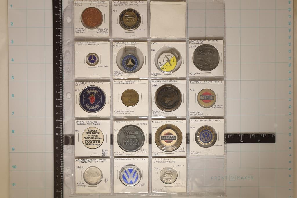 17 METAL AUTOMOBILE KEYCHAINS/TOKENS: REPLICA OF: LIBERTY HEAD "$50 OFF ANY CAR", CORTEZ, MERCEDES, OPEL, SUBARU. SAAB, YAMAHA, DATSUN, TOYOTA, HONDA, NISSAN, VOLKSWAGON, BAJA BUGGIES AND LAMBORGHINI.