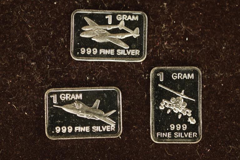 3-1 GRAM .999 FINE SILVER PROOF INGOTS: JET,: AIRPLANE AND HELICOPTER