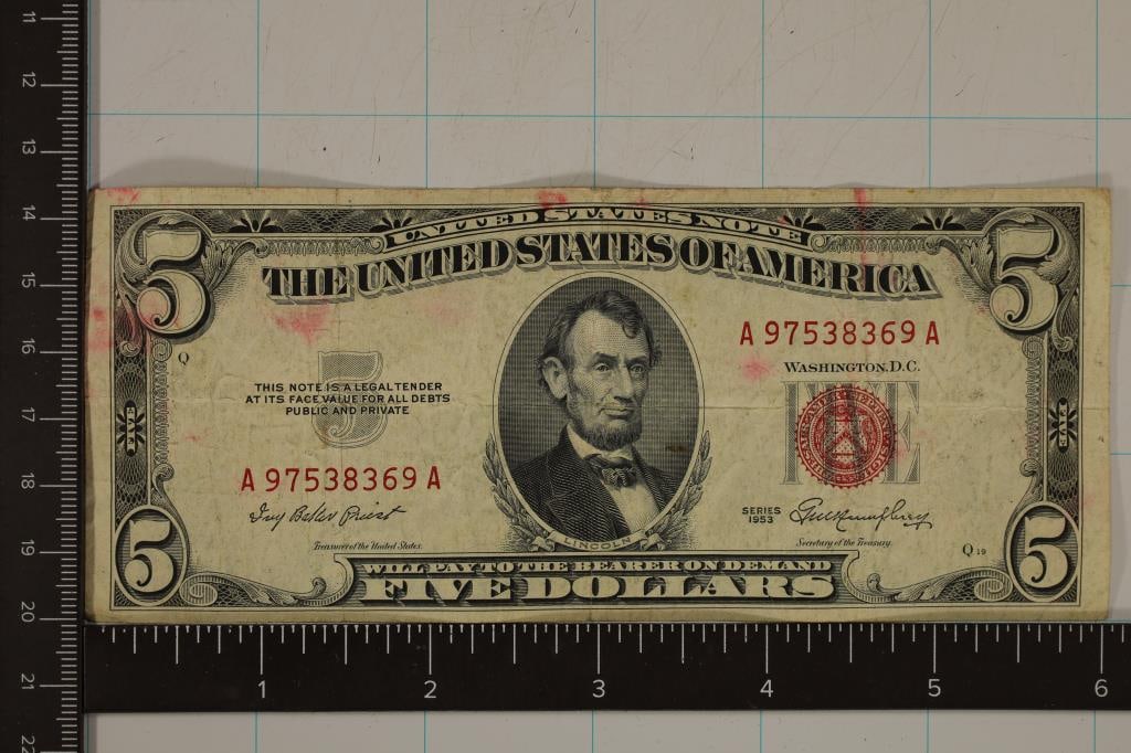 1953 US $5 RED SEAL NOTE INK STAINS ON BOTH SIDES (1 of 2)