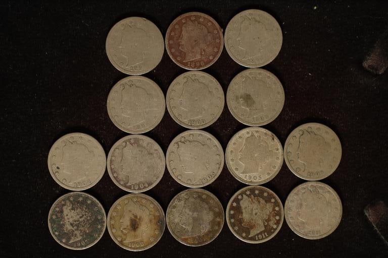 19-ASSORTED LIBERTY "V" NICKELS: 1887-1911: MAY NOT CONTAIN ALL DATES AND MAY CONTAIN DUPLICATES.
