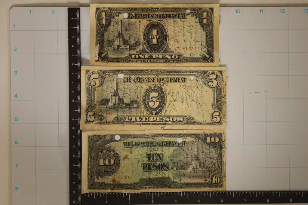 3 JAPANESE GOVERNMENT SHORT SNORTER BILLS: 1,: 5 & 10 PESOS. SOME OLD TAPE ON EDGES WITH CANCELLED PUNCH MARKS