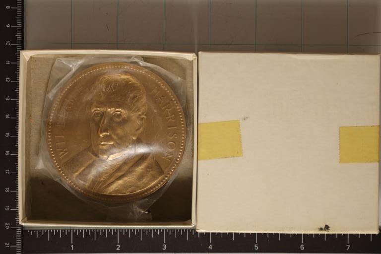 7.5 OZ. BRONZE WILLIAM HARRISON INAUGURATION: MEDAL, HIGH RELIEF, SEALED IN PLASTIC, IN ORIGINAL MINT PACKAGING