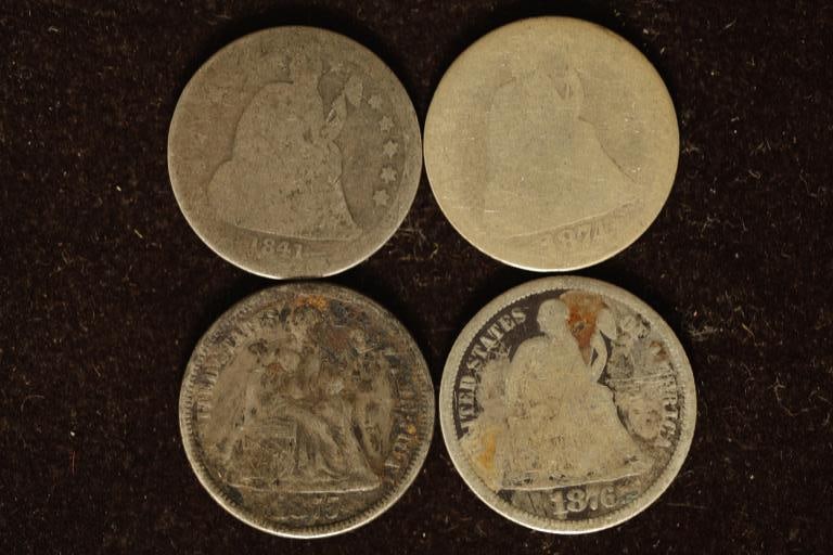 1841,1874,75 & 1876 SILVER SEATED LIBERTY DIMES (1 of 2)