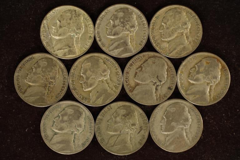 6-1943 & 4-1945 35% SILVER JEFFERSON WAR NICKELS: CONTAINS: P/D/S MINT MARKS, .563 OZ. ASW, MAY NOT CONTAIN ALL DATES AND MAY CONTAIN DUPLICATES.