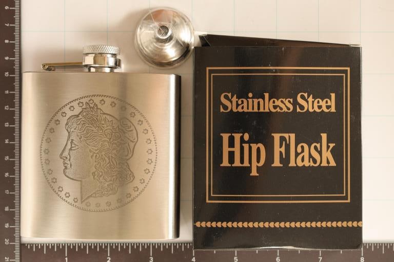 6 OZ. STAINLESS STEEL HIP FLASK WITH MORGAN $: DESIGN BRAND NEW IN BOX WITH FUNNEL
