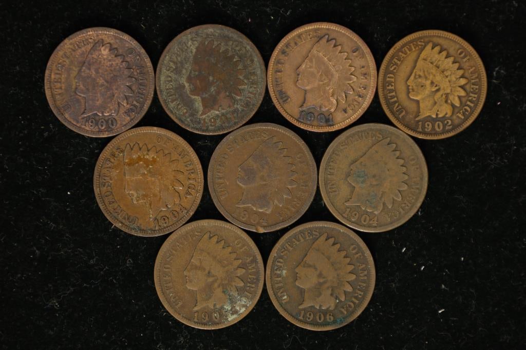9 ASSORTED INDIAN HEAD CENTS: 1900-1906 (1 of 2)