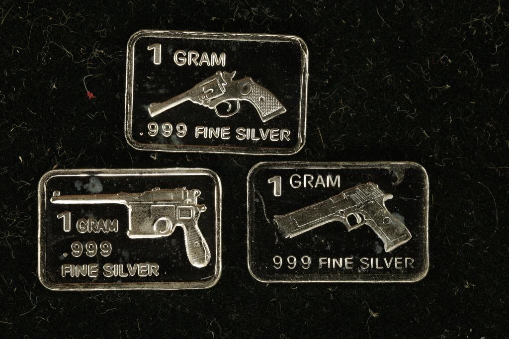 3-1 GRAM .999 FINE SILVER PF WEAPON THEMED INGOTS: WATCH FOR OUR NEXT AUCTION ON (MONDAY JULY 22ND, 2024) AT 7PM EASTERN TIME. THANKS FOR YOUR BUSINESS.