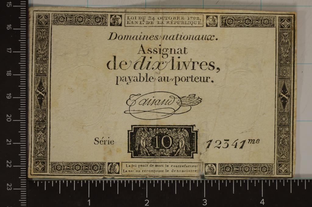 1792 FRANCE 10 LIVRE ASSIGNAT NOTE WITH TEARS: CHECK OUT OCEANSIDEENGRAVING.COM FOR CUSTOM MADE LASER CUT PRODUCTS AND ENGRAVINGS. THANK YOU FOR CHECKING IT OUT.