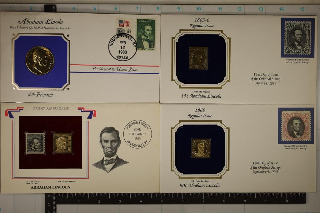 4-ABRAHAM LINCOLN POSTAL COMMEMORATIVE SOCIETY: PIECES: 3-22KT GOLD FOIL REPLICA STAMPS, ONE UNCANCELLED 4 CENT STAMP AND A 24KT GOLD ELECTROPLATED MEDAL WITH TWO CANCELLED STAMPS. ALL PIECES ARE IN UNC CONDITIONS