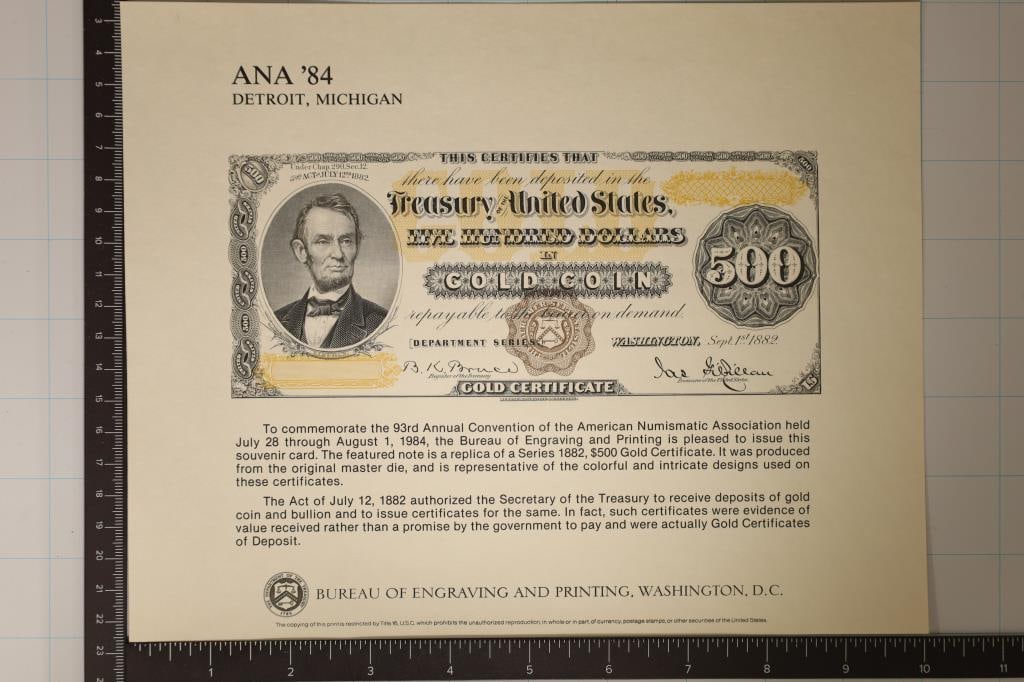 1984 ANA DETROIT, MICHIGAN INTAGLIO PRINT OF $500 (1 of 1)