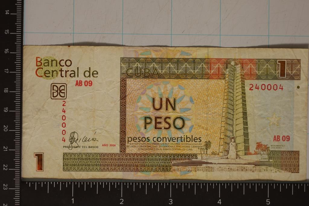 2006 CUBA 1 PESO BILL WITH INK ON THE REVERSE: CHECK OUT OCEANSIDEENGRAVING.COM FOR CUSTOM MADE LASER CUT PRODUCTS AND ENGRAVINGS. THANK YOU FOR CHECKING IT OUT.