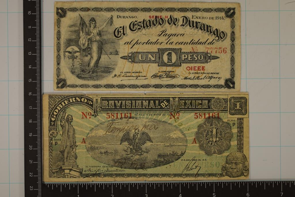 2-VINTAGE MEXICO 1 PESO BILLS: 1914 DURANGO AND: 1916 PROVISIONAL MEXICO WITH WRITING ON THE OBVERSE