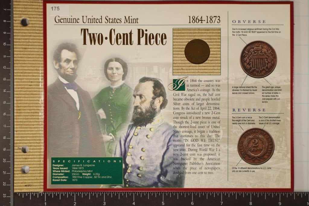 1864 US TWO CENT PIECE IN CARDBOARD CARD WITH INFO: WATCH FOR OUR NEXT AUCTION ON (MONDAY JULY 22ND, 2024) AT 7PM EASTERN TIME. THANKS FOR YOUR BUSINESS.