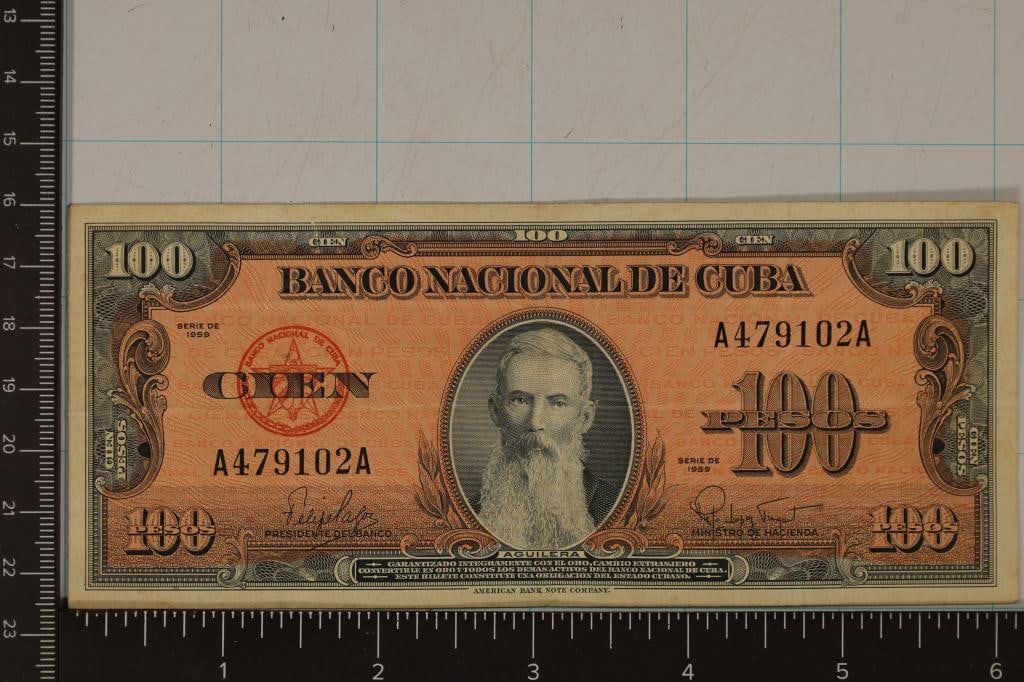 1959 CUBA 100 PESO BILL CRISP EXTRA FINE: CHECK OUT OCEANSIDEENGRAVING.COM FOR CUSTOM MADE LASER CUT PRODUCTS AND ENGRAVINGS. THANK YOU FOR CHECKING IT OUT.