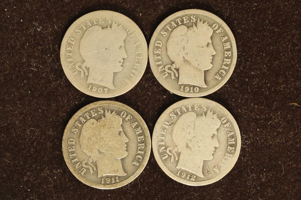 1907, 1910, 19011 & 1912 SILVER BARBER DIMES (1 of 2)