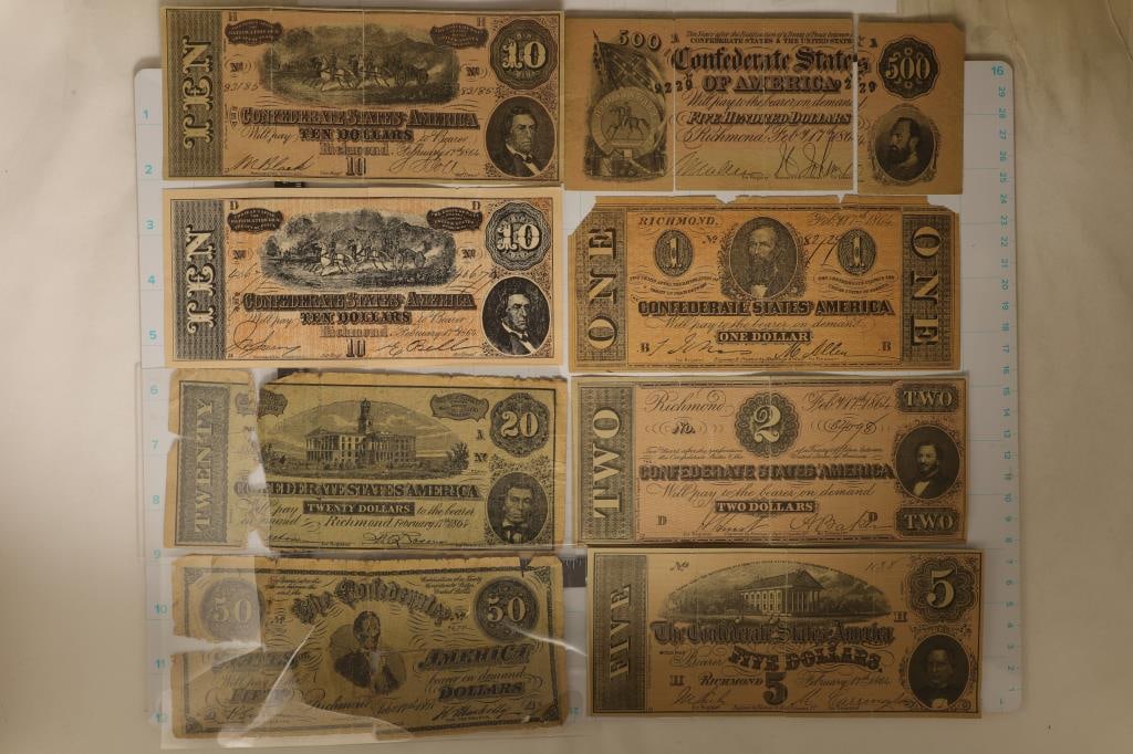 8 FACSIMILES OF VINTAGE US 1864 CONFEDERATE STATES: RICHMOND BILLS: $1, $2, $5, 2-$10, $20, $50 AND $500. THE $500 BILL IS TORN IN 3 PIECES.