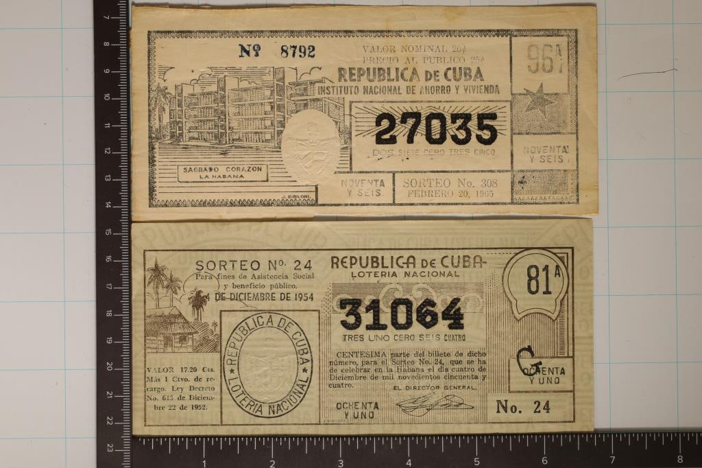 1954 & 1965 CUBA NATIONAL LOTTERY TICKETS: WATCH FOR OUR NEXT AUCTION ON (MONDAY JULY 29TH, 2024) AT 7PM EASTERN TIME. THANKS FOR YOUR BUSINESS.