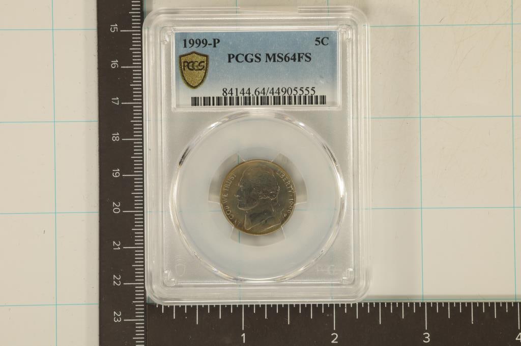 1999-P JEFFERSON NICKEL PCGS MS64FS IN A: GOLD SHIELD LABEL