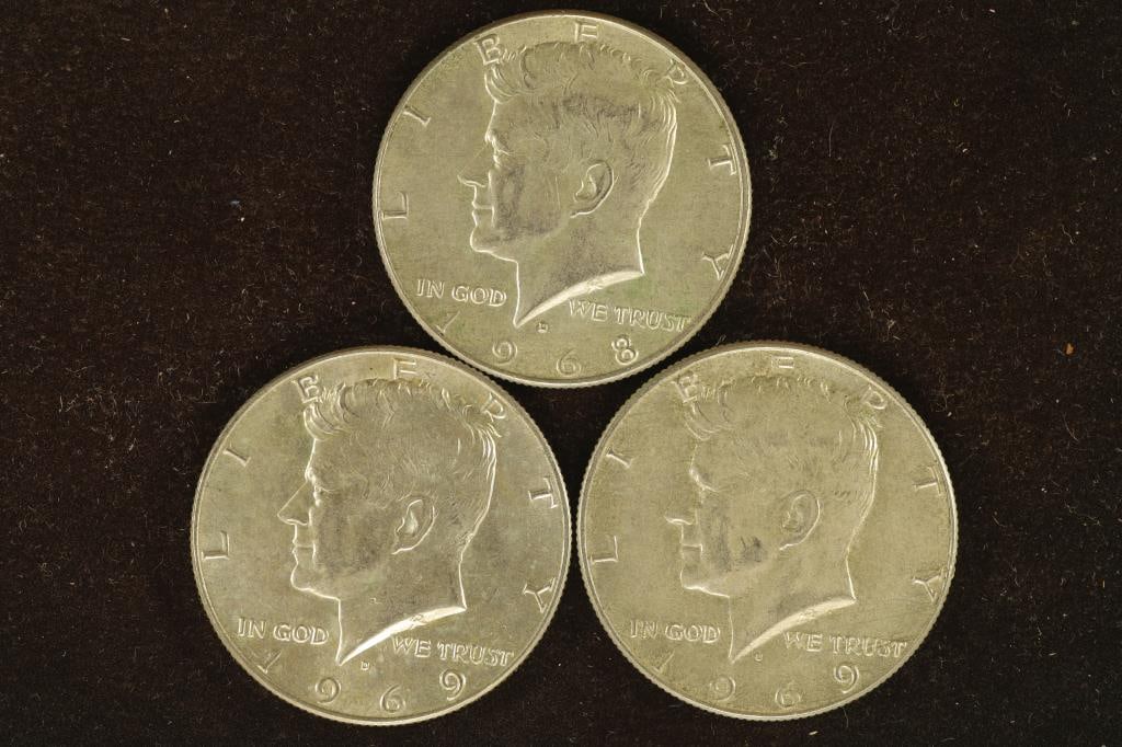 1968-D & 2-1969-D 40% SILVER JOHN F. KENNEDY HALFS