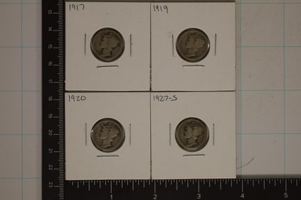 1917, 1919, 1920 & 1927-S SILVER MERCURY DIMES