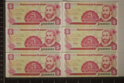 6-CRISP UNC BANK OF NICARAGUA 5 CENTAVO BILLS