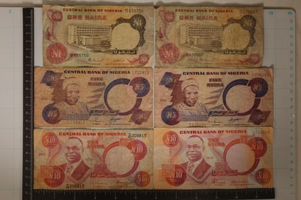6-NIGERIA BILLS: 2-1973-1 NAIRA, 2-2002-5 NAIRA &