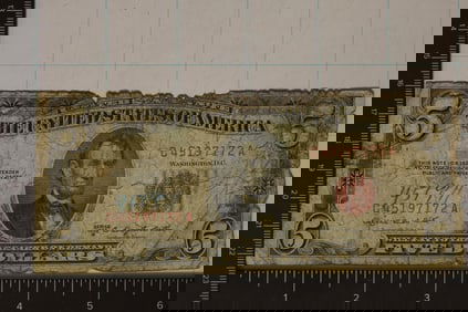 1953-B US $5 RED SEAL BILL (TOUGHER SHAPE)